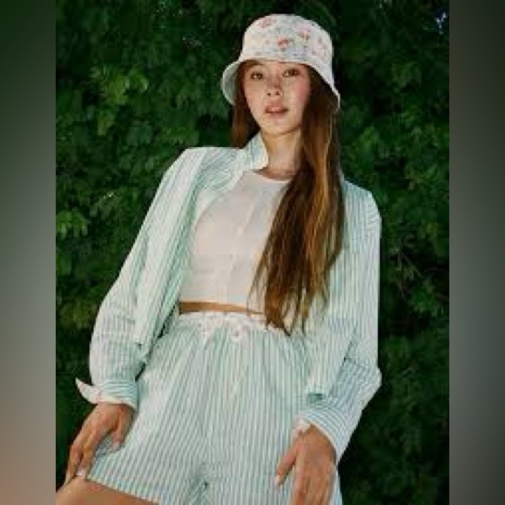 AEO green stripped club house crop button down top M